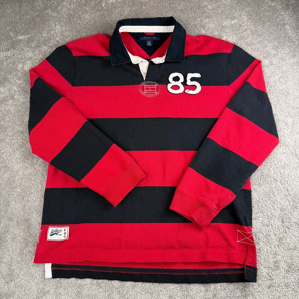 Vintage Tommy Hilfiger Red Black Striped Long Sleeve Rugby Shirt Size XL